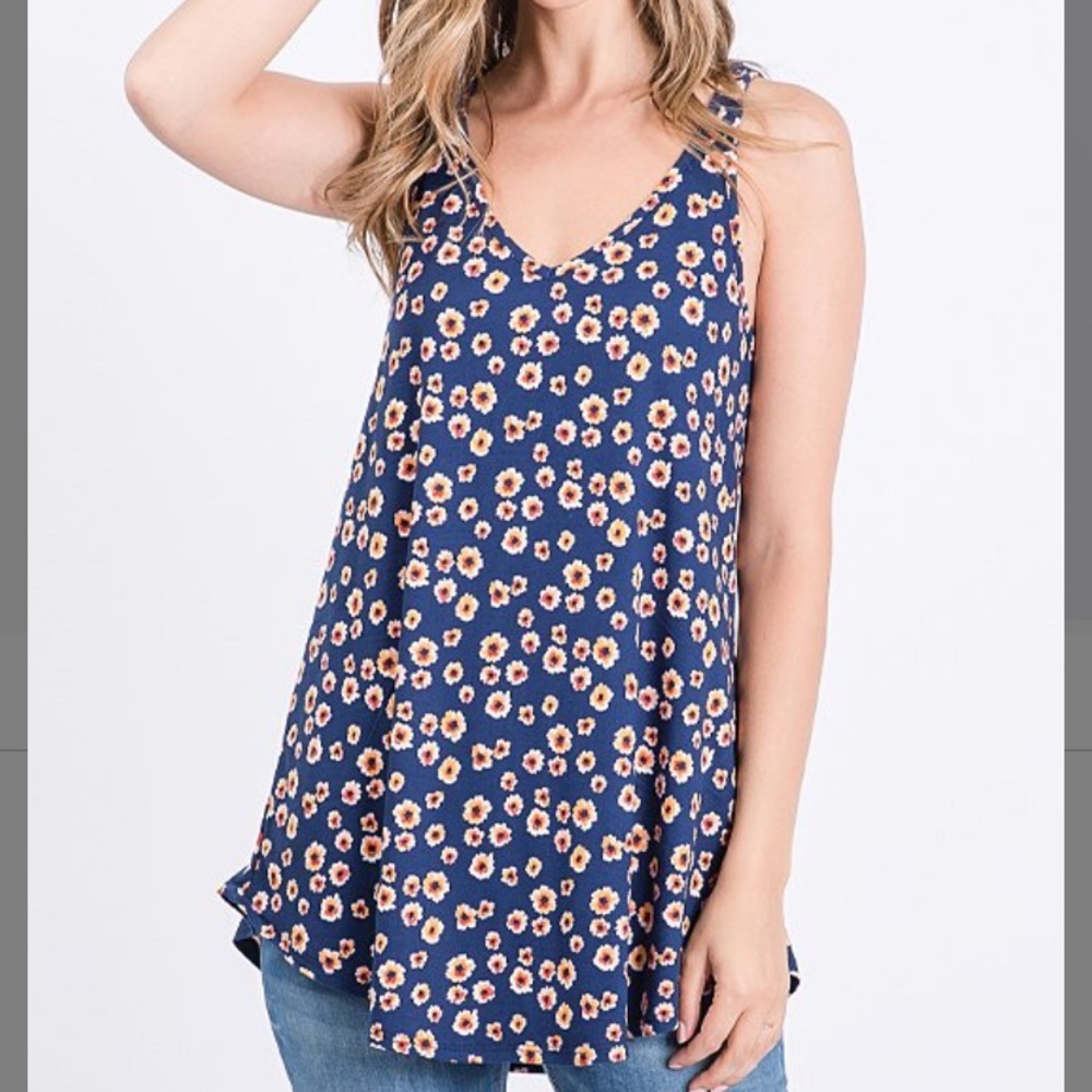 Navy & Orange Floral V-Neck Tank, M